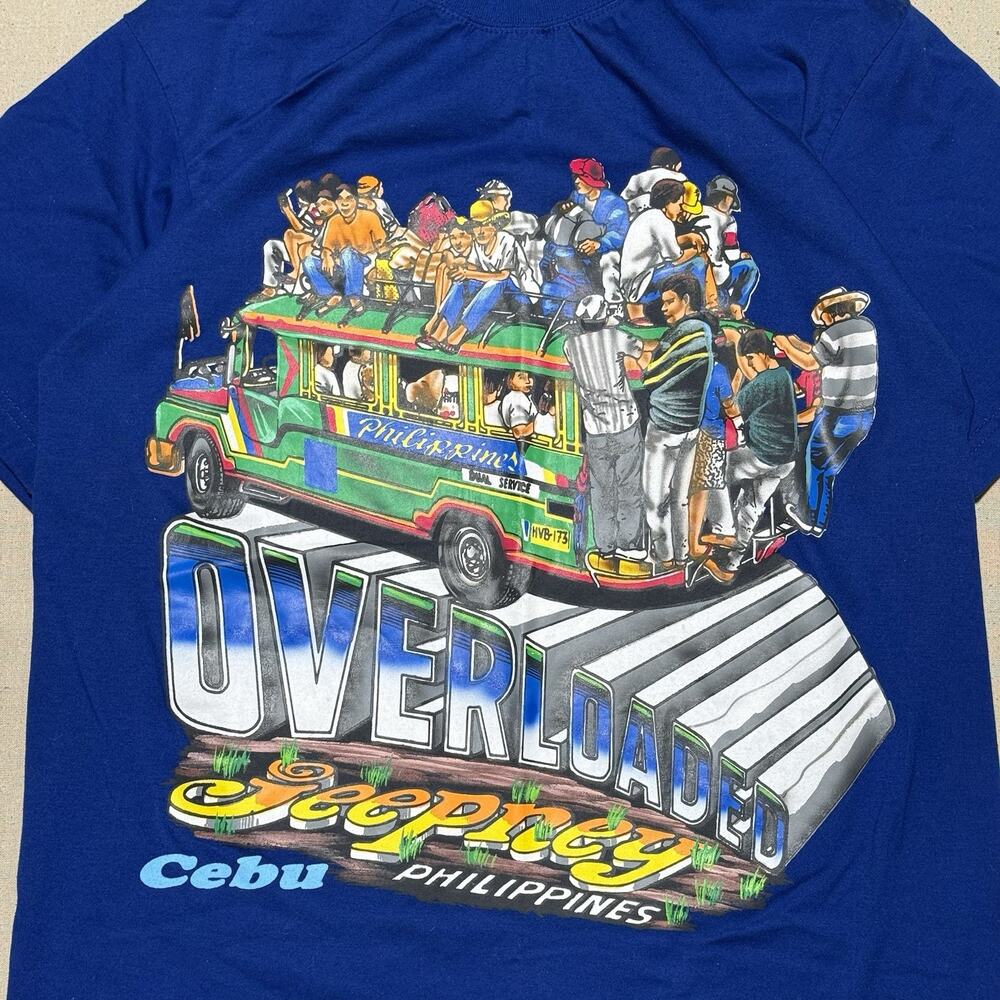 Vintage 90s Dibuho Philippines Overloaded Jeepney T-Shirt Blue Sz M Hand Painted - Picture 3 of 8